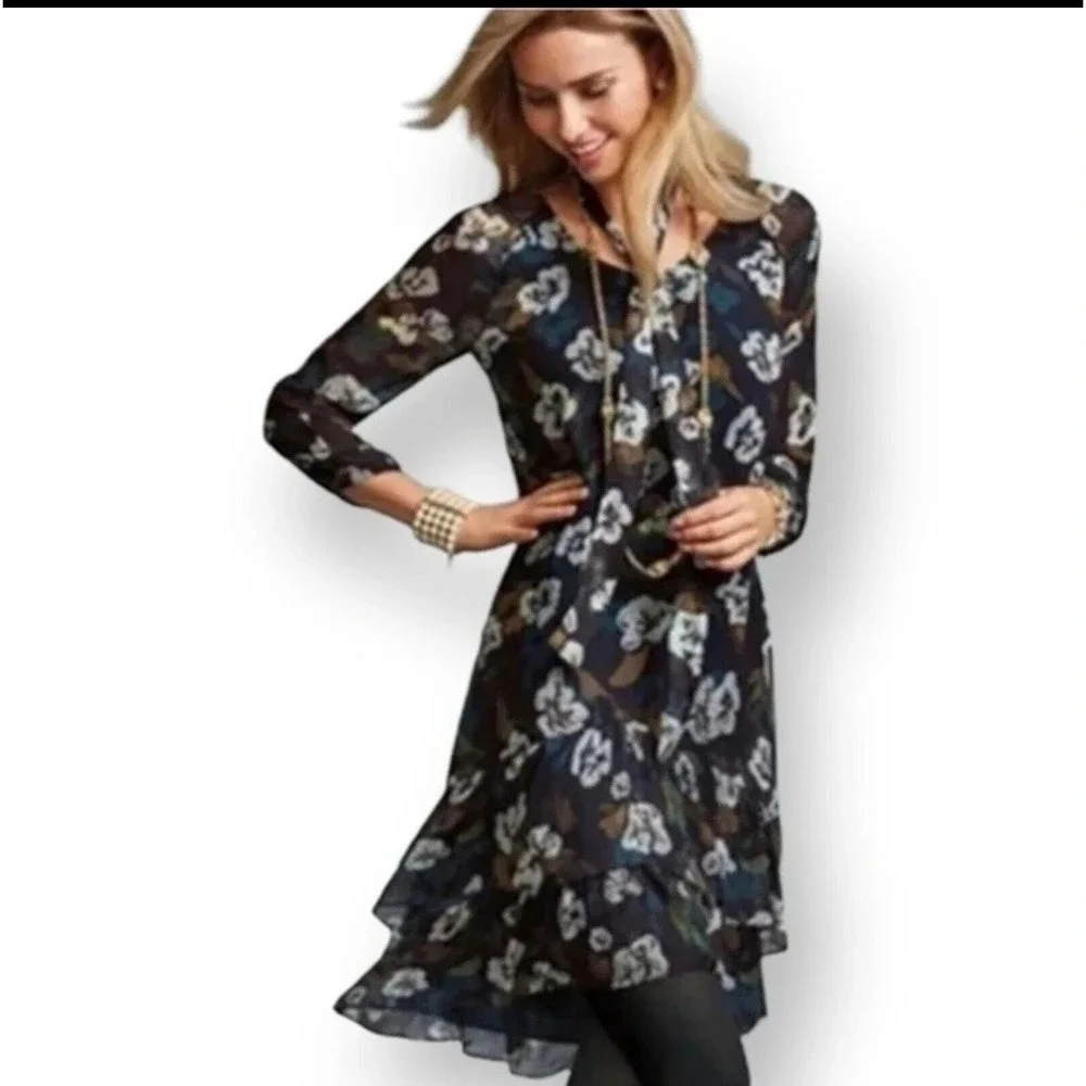 Cabi Dress‎ Womens Small Floral Pirouette Tiered Ruffle Chiffon 3/4 Sleeve Lined